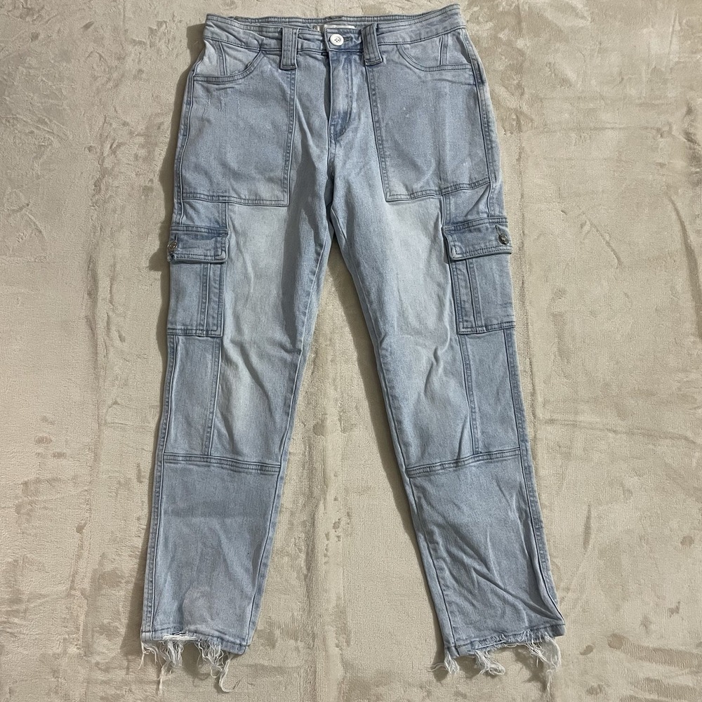 KanCan Jeans Womens Size 7/27 Cargo Blue Denim Destroyed Distressed Hems Stretch